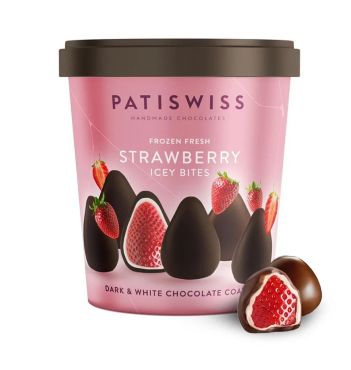 Patiswiss Frozen Fresh Strawberry Icey Bites Coated In Dark And White Chocolate, 250G