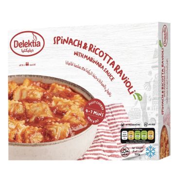 Delektia Spinach And Riccoto Ravioli Marinara Sauce Frozen Meal, 500 G